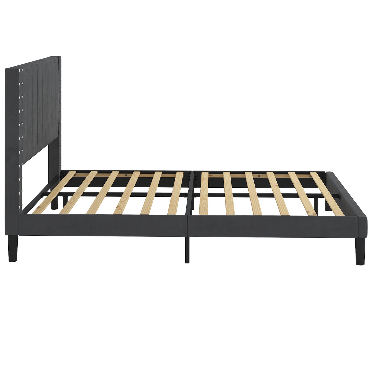 SYNGAR Queen Size Fabric Vertical Stripe Upholstered Platform Bed Frame with Headboard for Bedroom, No Box Spring Needed, Easy Assembly, Dark Gray