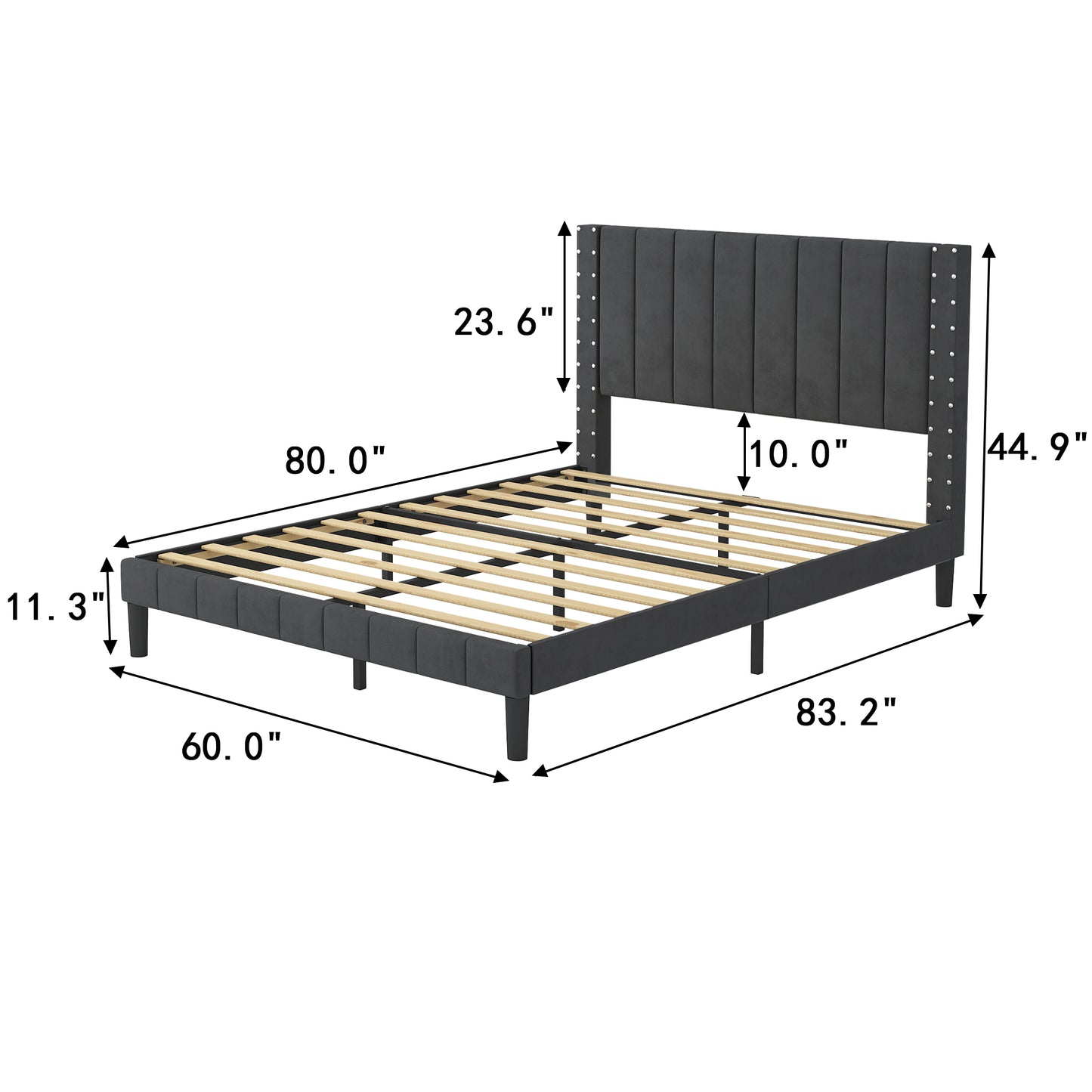 SYNGAR Queen Size Fabric Vertical Stripe Upholstered Platform Bed Frame with Headboard for Bedroom, No Box Spring Needed, Easy Assembly, Dark Gray