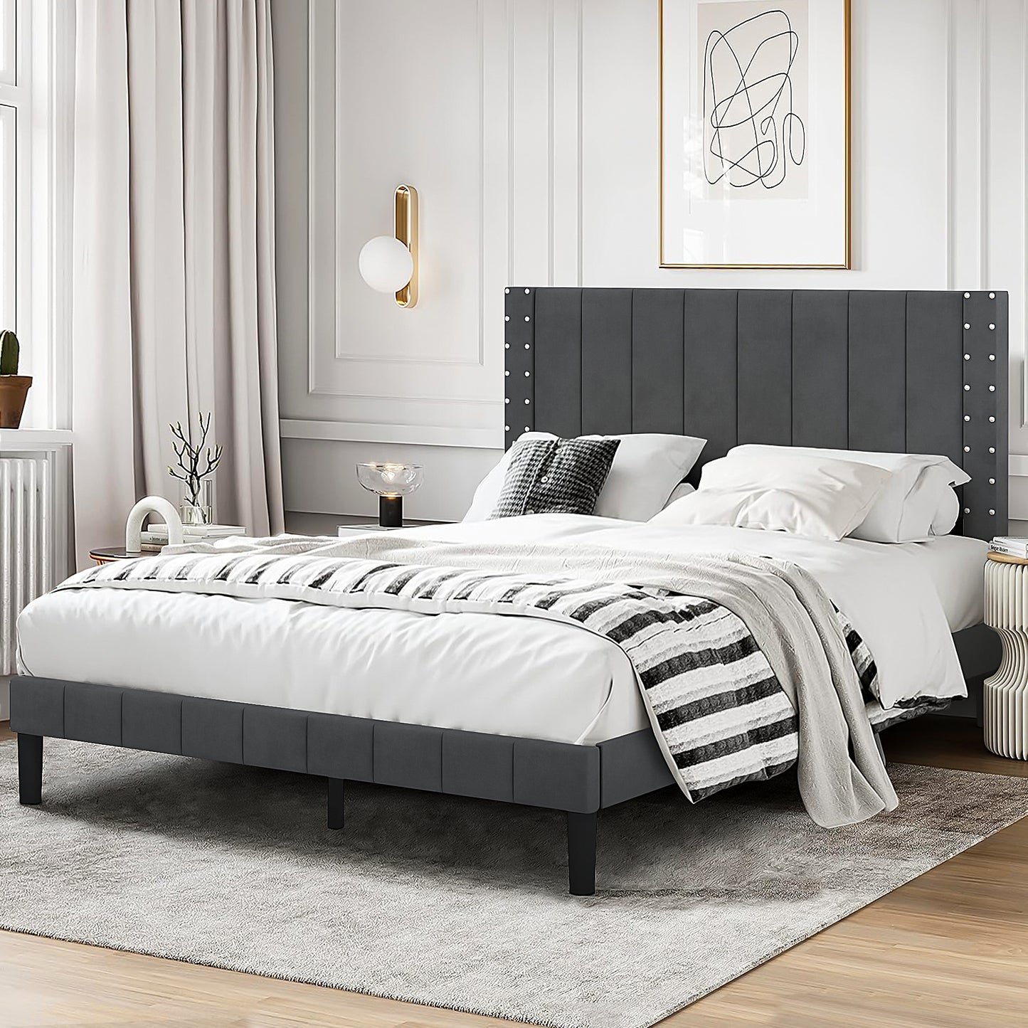 SYNGAR Queen Size Fabric Vertical Stripe Upholstered Platform Bed Frame with Headboard for Bedroom, No Box Spring Needed, Easy Assembly, Dark Gray