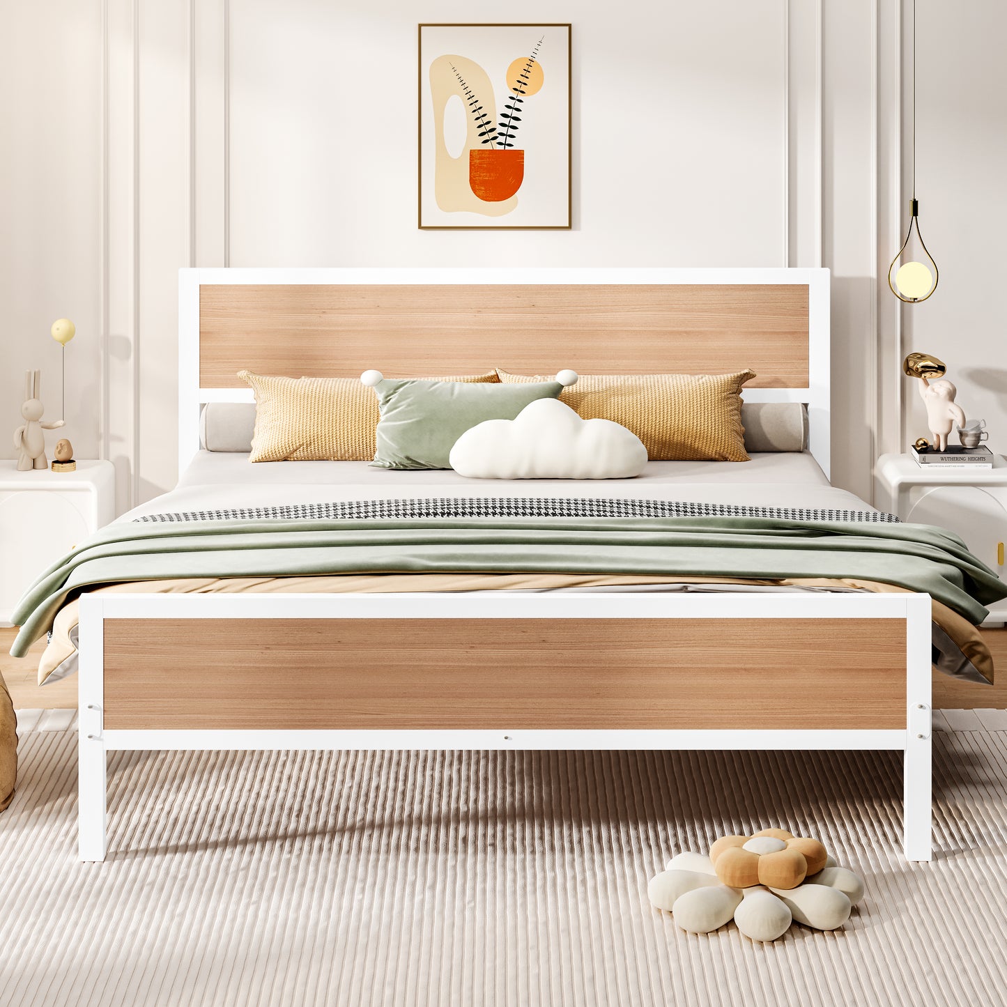 Full Platform Bed Frame with Headboard and Footboard, Metal Full Size Bed Frame with Underbed Storage and Strong Slat Support, Bedroom Furniture, No Box Spring Needed, White