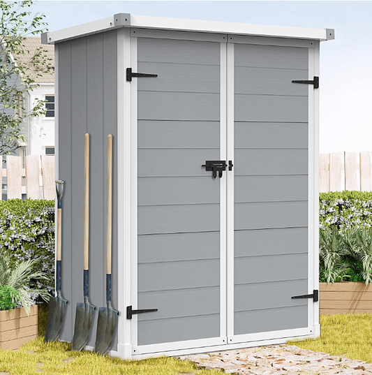 420GAL Storage Shed, Resin Storage Cabinet with 2-Tier Shelves, 56Cu.ft Garden Tool Shed with Double Lockable Doors, Organizer Cabinet for Patio Yard, Gray