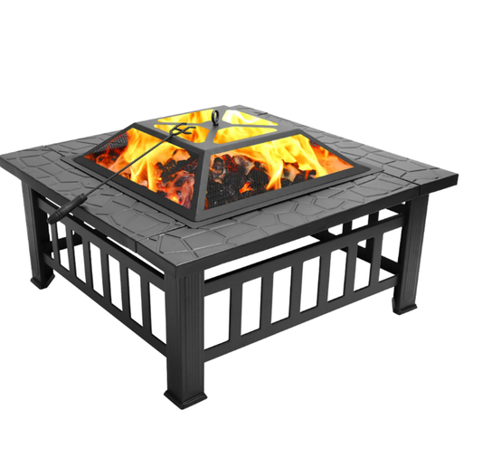 32 Inch Portable Fire Stove, Patio Wood Burning Bonfire Fire Pit Bowl with Mesh Lid, Grate, BBQ Grill and Poker, Outdoor Metal Square Fire Pit for BBQ, Camping, Picnics, Backyard, D3666