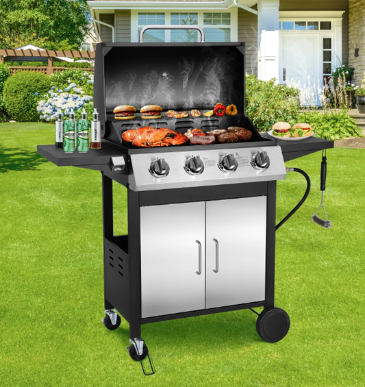 4-Burner BBQ Propane Gas Grill with Thermometer & Grill Brush, 40000 BTU Garden Barbecue Grill with Two Foldable Shelves and Gas Regulator for Outdoor BBQ and Camping