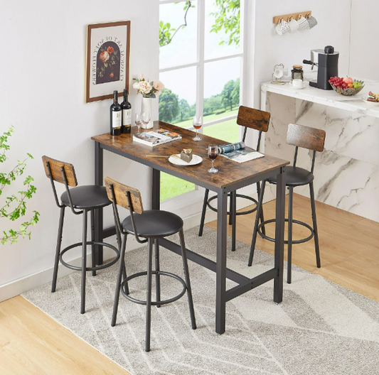 Counter Height Bar Table Set, Modern 5 Piece Dining Table Set, Long Pub Table and 3 Cushioned Stools, 4-Person Dining Table and Stools Set, Kitchen Side Table Set for Breakfast