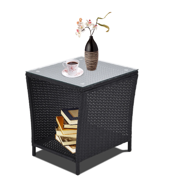 Outdoor Side Table with Storage, SYNGAR Patio Wicker End Table, All Weather Black Rattan Table with Tempered Glass Top, Small Square Side Table for Backyard, Beach, Garden, Poolside, D7034