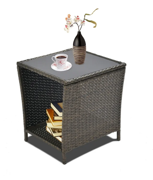 Outdoor Side Table with Storage, SYNGAR Patio Wicker End Table, All Weather Brown Rattan Table with Metal Top, Small Square Side Table for Backyard, Beach, Garden, Poolside, D7636