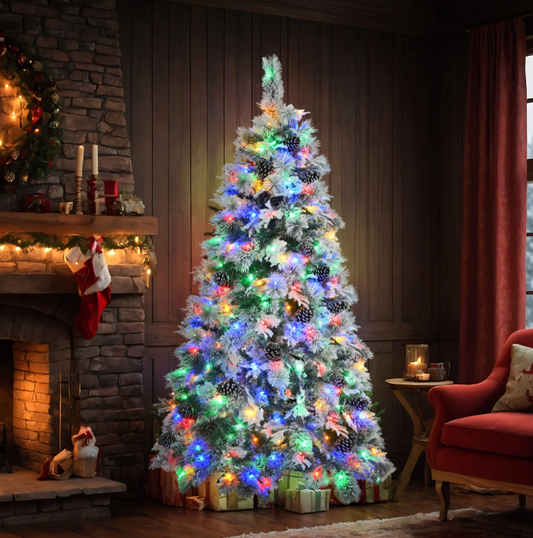 6FT Pre-Lit Spruce Snow Flocked Christmas Tree with 250 Multi-Color LED Lights, 11 Flashing Modes, Artificial Tree with 403 Branch Tips, Pine Cones, Mixed PE & PVC Branches, Holiday Decorations