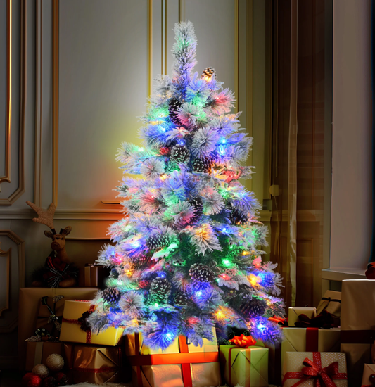4FT Pre-Lit Spruce Snow Flocked Christmas Tree with 120 Multi-Color LED Lights, 11 Flashing Modes, Artificial Tree with 170 Branch Tips, Pine Cones, Mixed PE & PVC Branches, Holiday Decorations