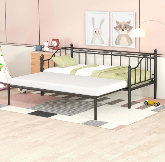 Twin Daybed with Pull-out Trundle, Metal Twin Size Daybed Frame, Space Saving Sofa Bed with Trundle Bed, Modern Home Platform Bed for Living Room/Bedroom, No Box Spring