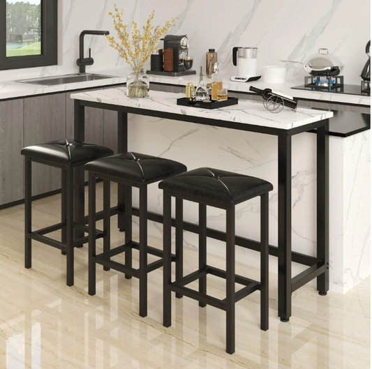 Syngar 4-Piece Modern Metal Bar Dining Furniture Set, Black/White Marble