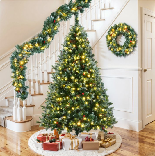 6FT Dark Green Pine Christmas Tree, Pre-Lit Set with Tree & Garland & Wreath, Hinged Artificial Xmas Tree with White Tips, Red Berries and Pine Cones, 11 Colorful Modes, Indoor Holiday Decoration
