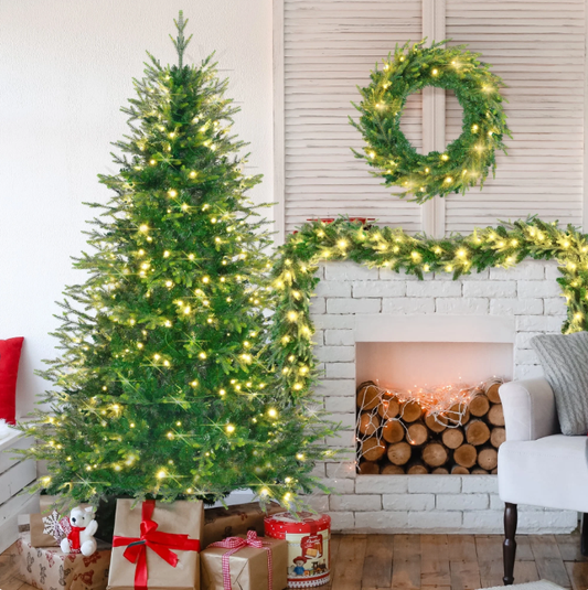 6FT Christmas Tree with 430 Warm-Yellow LED Lights, Garland and Wreath, Pre-Lit Grass Green Artificial Tree with 844 Branch Tips, Pine Cones, Holiday Decorations