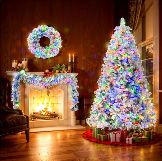 6FT Snow Flocked Christmas Tree, Pre-Lit Set with Tree & Garland & Wreath, Artificial Hinged Xmas Tree with Colorful LED Lights, 8 Lighting Modes, Pine Cones, Holiday Décor for Home