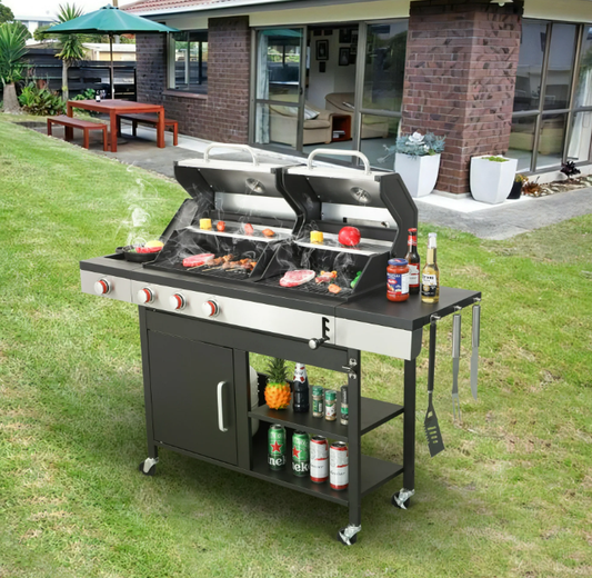 37230BTU Gas Grill for Outdoor Barbecue, 3-Burner Grill with Side Burner, Combined with Charcoal Grill, Black&Sliver