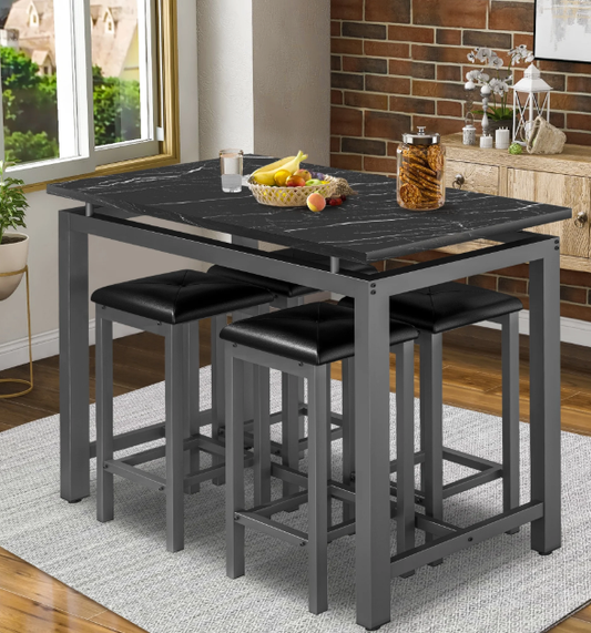 SYNGAR 5 Piece Dining Table Set, Modern Pub Table Set W/ 4 PU Leather Cushioned Stools, Counter Height Faux Marble Bar Table Set, 4-Person Dining Table & Stools Set, Kitchen Breakfast Table Set, D7780