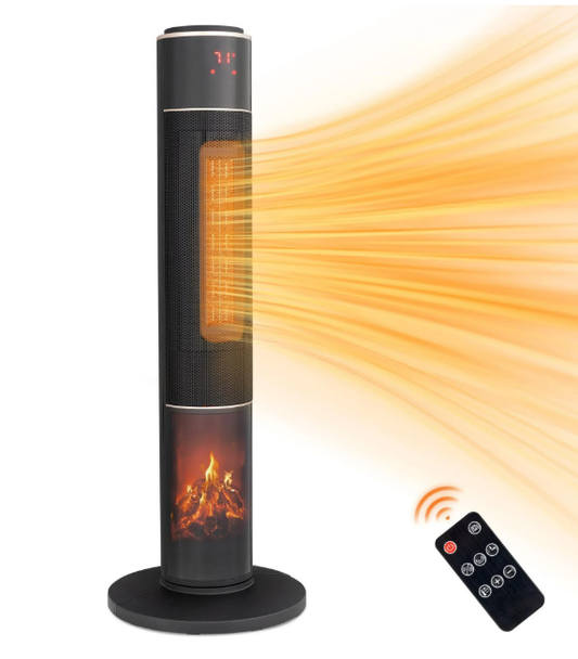 SYNGAR 33" Tower Space Heater with 3D Flame, 1500W Portable Electric Heater with Thermostat, 60° Oscillation, Timer, Remote Control, for Indoor Bedroom Office Home, Black