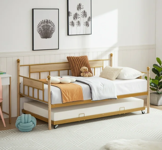 Daybed with Trundle, Metal Twin Daybed for Living Room/Bedroom, Twin Size Sofa Bed with Pull-out Trundle, Space Saving Design, Modern Home Platform Bed Frame, No Box Spring Needed, Golden