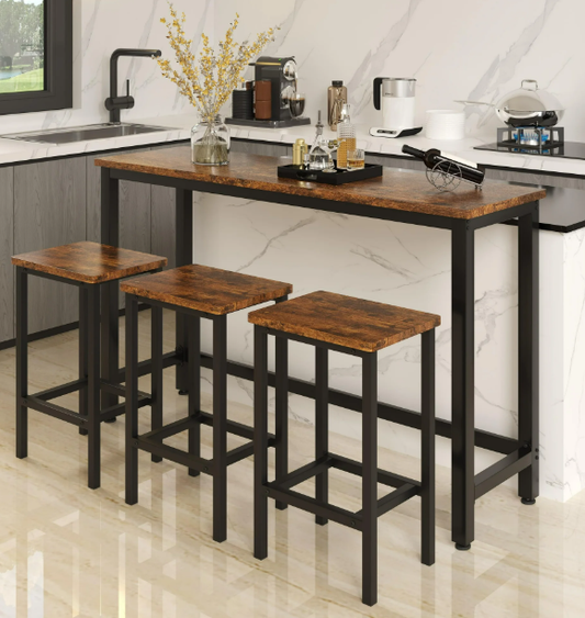 SYNGAR 4-Piece Counter Height Dining Set, Long Pub Table and 3 Stools Set, Modern Bar Table Set for 3, Home Kitchen Breakfast Dining Table Set, Fits for Dining Room, Restaurant, Brown, D6415