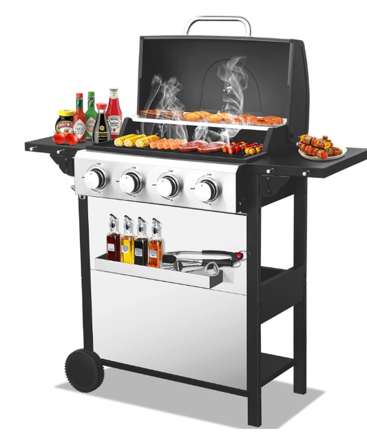 4-Burner BBQ Propane Gas Grill with Thermometer & Extra Shelves, 34200 BTU Garden Barbecue Grill with 2 Wheels and Gas Regulator for Outdoor BBQ and Camping