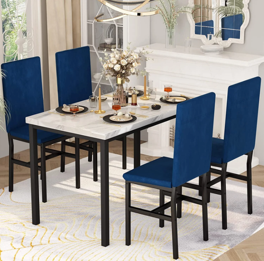 5 Piece Dining Set, Modern Dining Table and Chairs Set for 4, Counter Height Bar Table Set, Modern Pub Table with 4 PU Leather Cushioned Stools, Faux Marble Dining Table & Stools Set, D9297