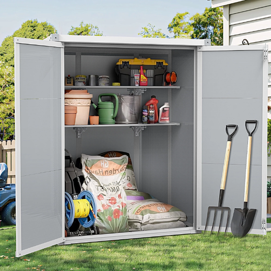 56 Cu.ft Outdoor Storage Shed, Resin Storage Cabinet with 2-Tier Shelves, Garden Tool Shed with Double Lockable Doors, Organizer Cabinet for Patio Yard, Gray