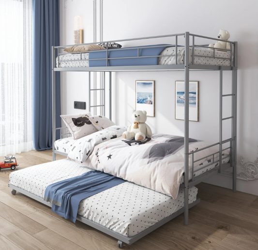 Syngar Twin over Twin Bunk Bed with Trundle, Upgraded Bunk Bed with Ladder & Guardrail, Heavy Duty Kids Bedroom Furniture for Boys and Girls, Space Saver Guest Room Bunk, Silver, D6557