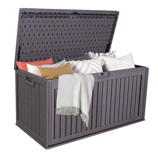 100 Gal Outdoor Storage Box, Metal Deck Box on Wheels Waterproof, Large Patio Lockable Storage Bin for Outside Cushions, Pool Accessories, Throw Pillows, Garden Tools, Brown