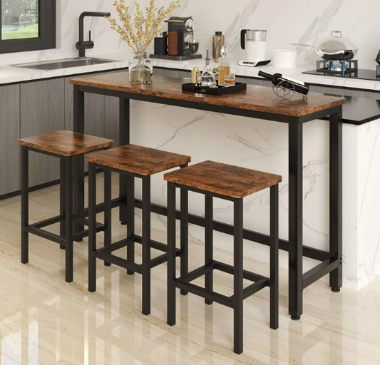 Counter Height Bar Table Set, Modern 4 Piece Dining Table Set, Long Pub Table and 3 Cushioned Stools, 3-Person Dining Table and Stools Set, Kitchen Side Table Set for Breakfast