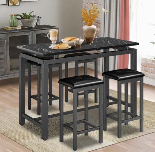 5-Piece Counter Height Bar Table Set, Modern Dining Table Set, Long Pub Table and 4 Stools, 4-Person Dining Table and Stools Set, Kitchen Side Table Set for Breakfast, Brown, D6412