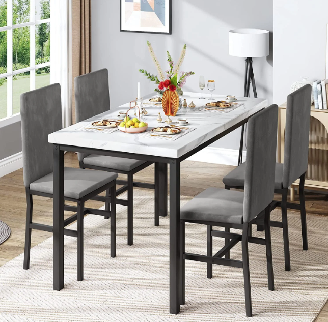 SYNGAR 5 Piece Dining Set, Modern Dining Table and Chairs Set for 4, Kitchen Dining Table Set with Faux Marble Tabletop & 4 PU Leather Upholstered Chairs, for Small Space, Breakfast Nook, Black, D9206