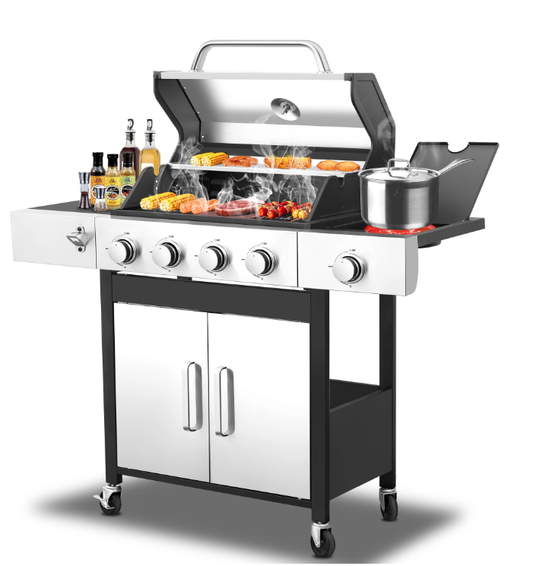 4-Burner Gas Grill with Side Burner, SYNGAR Outdoor Gas Grill with Thermometer & Extra Shelves, 46790 BTU Heavy Duty Barbecue Grill with 4 Wheels and Gas Regulator for Outdoor BBQ and Camping