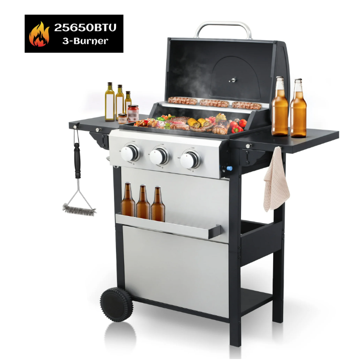 Syngar 3-Burner Propane Gas Grill, Stainless Steel BBQ Grill with Thermometer for Outdoor Party, Camping