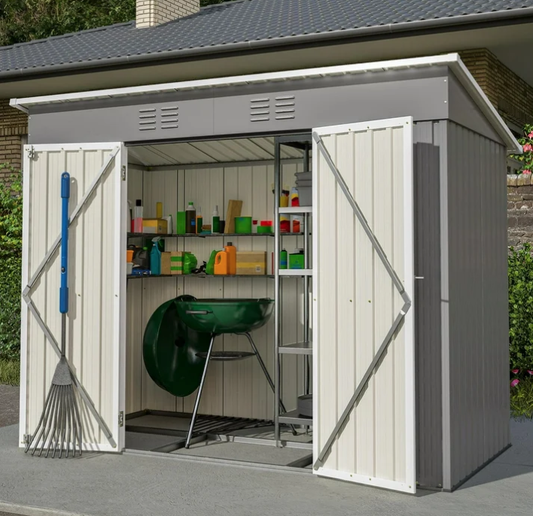 SYNGAR 8' x 4' Outdoor Metal Storage Shed, Tools Storage Shed, Galvanized Steel Garden Shed with Lockable Doors, Outdoor Storage Shed for Backyard, Patio, Lawn,