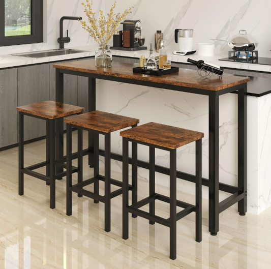 Counter Height Bar Table Set, Modern 4 Piece Dining Table Set, Long Pub Table and 3 Cushioned Stools, 3-Person Dining Table and Stools Set, Kitchen Side Table Set for Breakfast