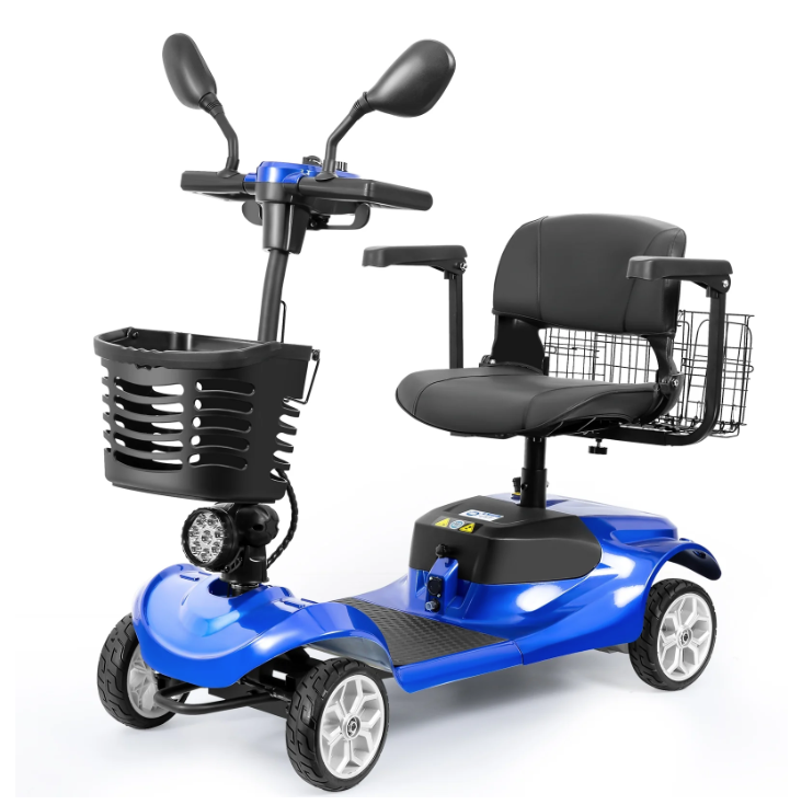 SYNGAR Mobility Scooter for Adults, 4 Wheels Electric Powered Chargeable Device for Travel, Lightweight and Portable, with LED Headlights and Basket, Charger Included, Red/Blue (Blue)