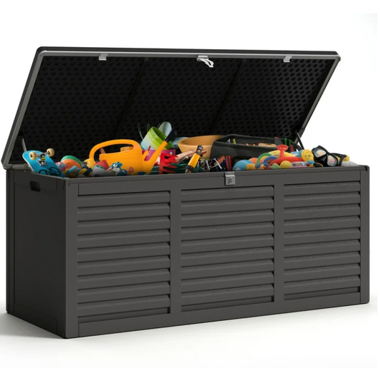 130GAL Outdoor Storage Box for Patio & Garden, Large Resin Deck Box w/ 2 Handles & Metal Hydraulic, Black