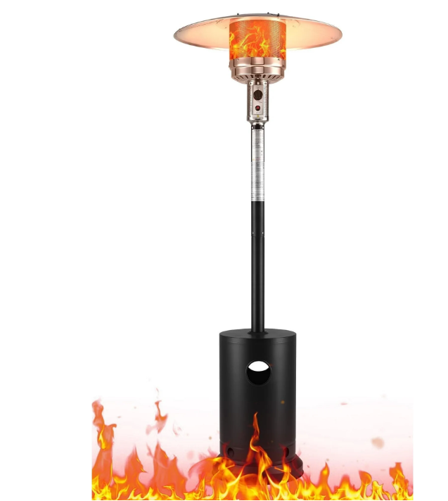 Propane Patio Heater, 48,000 BTU Outdoor Heavy Duty Heater with Wheels and Adjustable Thermostat, Commercial & Residential Use, Freestanding Propane Heater for Backyard, Deck, Porch, Black, D2795