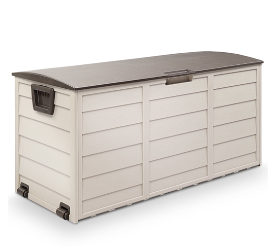 75 Gallon Resin Deck Box, SYNGAR Storage Chest on Wheels, Backyard Waterproof Storage Cabinet for Patio Furniture Cushions, Garden Tools, Kids' Toys, Beige