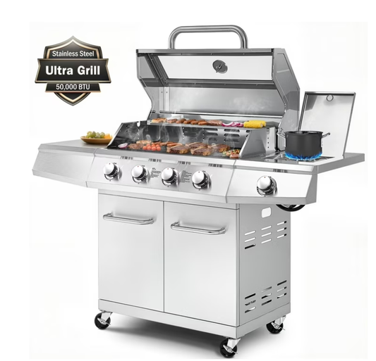 50,000 BTU Ultra Gas Grill, Outdoor BBQ Grills with 2 Cooking Modes, Heavy Duty Propane Grills, Stainless Steel Grill with Side Burner and Thermometer