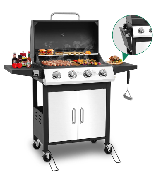 4-Burner Gas Grills with Side Table, 40000 BTU Grills with 4 Universal Wheels & Bottle Opener,