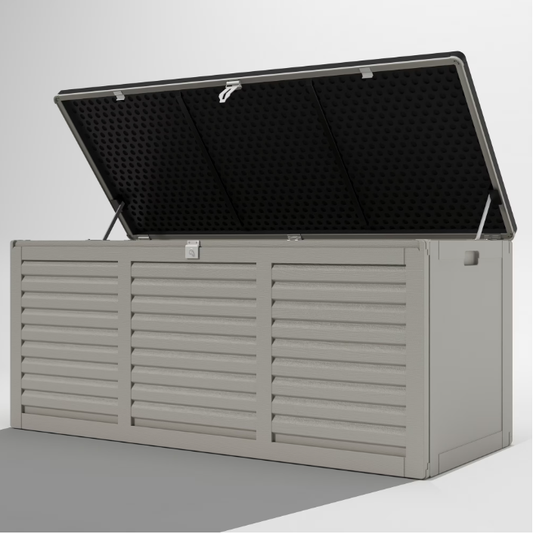 SYNGAR 130GAL Deck Box with 2 Handles & Metal Hydraulic, Large Resin Outdoor Storage Box, Gray