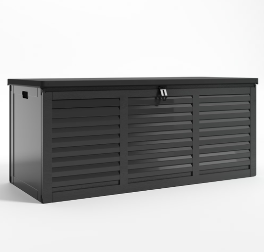 SYNGAR 130GAL Deck Box with 2 Handles & Metal Hydraulic, Large Resin Outdoor Storage Box, Black