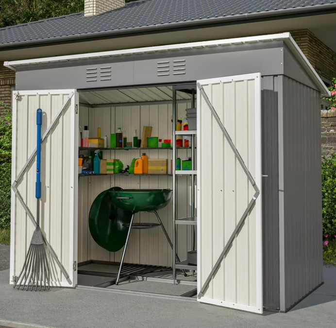 SYNGAR 8' x 4' Outdoor Metal Storage Shed, Tools Storage Shed, Galvanized Steel Garden Shed with Lockable Doors, Outdoor Storage Shed for Backyard, Patio, Lawn,