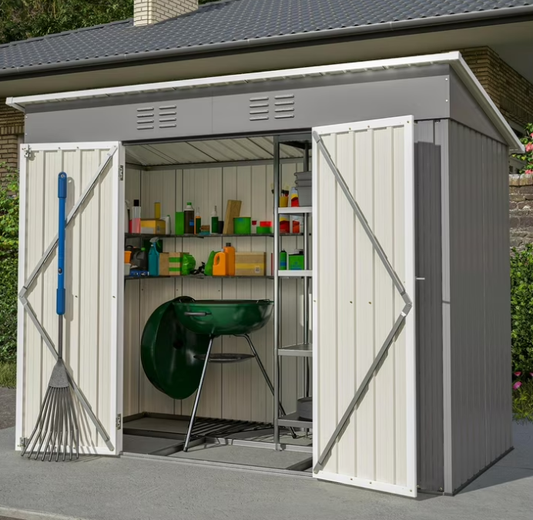 SYNGAR 8' x 4' Outdoor Metal Storage Shed, Tools Storage Shed, Galvanized Steel Garden Shed with Lockable Doors, Outdoor Storage Shed for Backyard, Patio, Lawn,