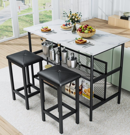 3 Piece Kitchen Island Set, Modern Pub Table with Open Shelves and 2 Stools Set, Modern Bar Table Set for 2, Home Kitchen Breakfast Dining Table Set, for Dining Room, Restaurant, White