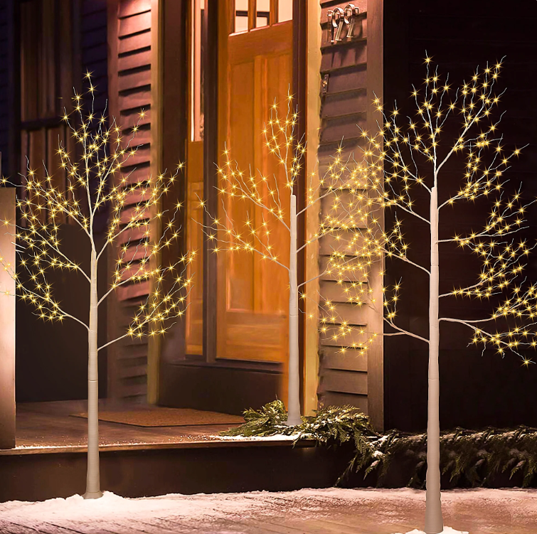 Set of 3 White Birch Trees, SYNGAR 4ft, 5ft and 6ft Christmas Tree with LED Lights, Fits for Christmas Decoration, Home Christmas Lights for Indoor Outdoor Wedding Party Garden, Warm White, D4004