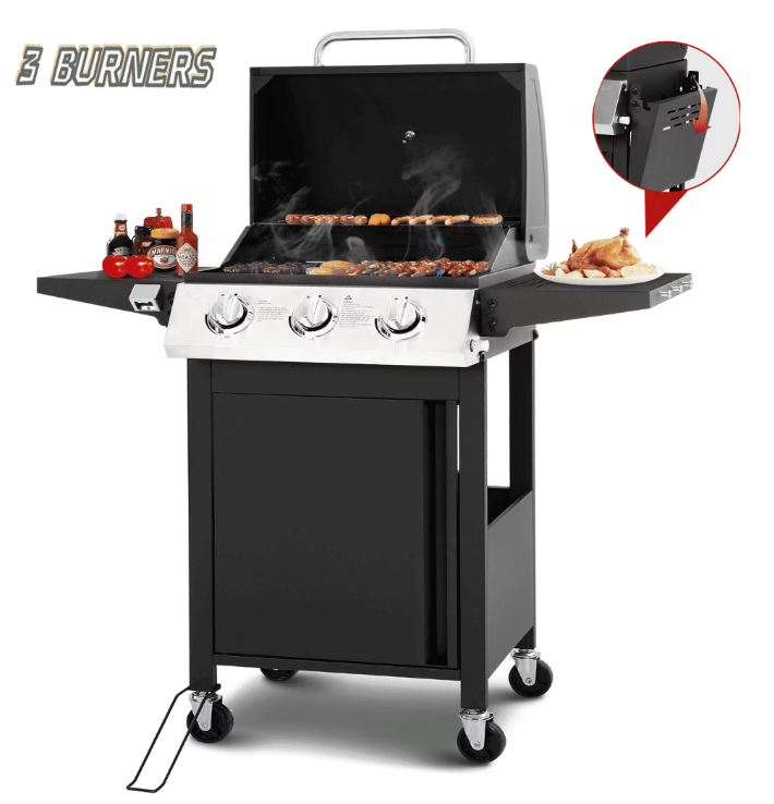 30000 BTU Gas Grill with 4 Universal Wheels, 3 Burners Outdoor BBQ Grill with Steel Brush & Thermometer for Outdoor Camping