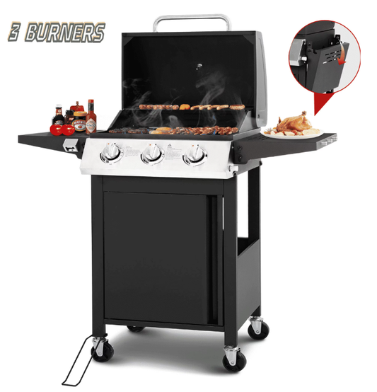 30000 BTU Gas Grill with 4 Universal Wheels, 3 Burners Outdoor BBQ Grill with Steel Brush & Thermometer for Outdoor Camping