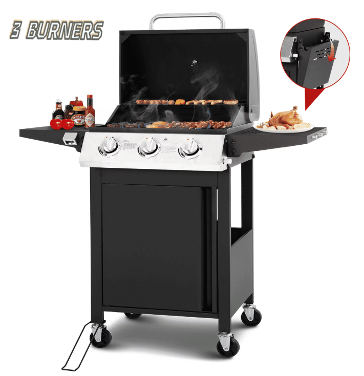 30000 BTU Gas Grill with 4 Universal Wheels, 3 Burners Outdoor BBQ Grill with Steel Brush & Thermometer for Outdoor Camping