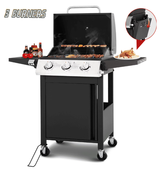 30000 BTU Gas Grill with 4 Universal Wheels, 3 Burners Outdoor BBQ Grill with Steel Brush & Thermometer for Outdoor Camping